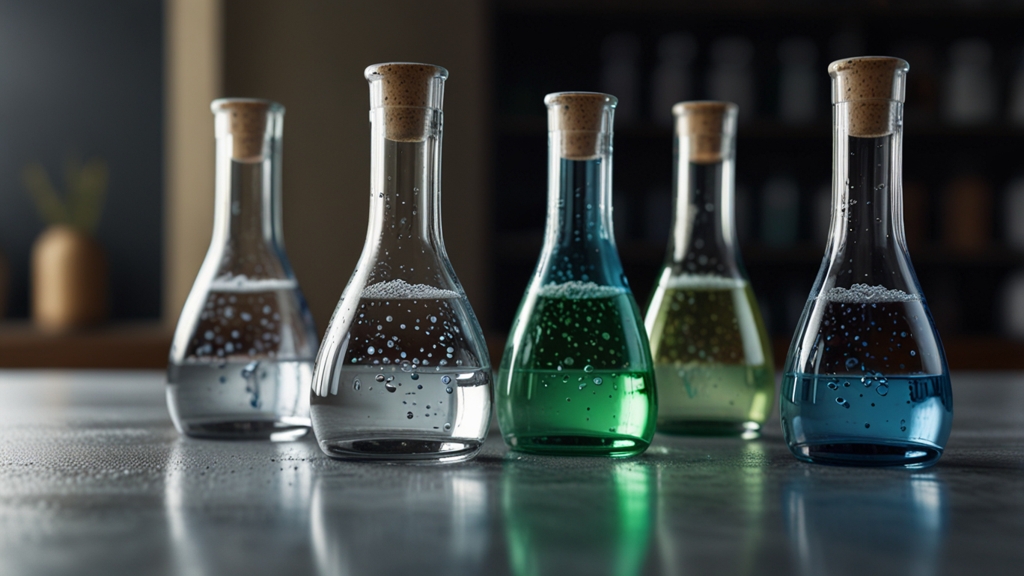 "A highly detailed, photorealistic depiction of FLOSPERSE™ polycarboxylates in action. Show a close-up molecular reaction where polycarboxylates bind calcium ions and disperse insoluble inorganic salts. The background should feature a clean, scientific environment with a sense of clarity and precision. Additionally, include elements representing fresh, clean fabrics and sparkling dishes to emphasize the detergent's effectiveness. Use professional lighting with blue and green tones to convey cleanliness, chemistry, and water solubility."